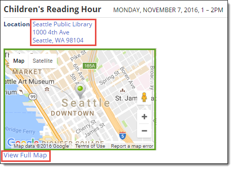 Миниатюрное изображение карты появляется на странице сведений о событии (выделено зеленым на следующем снимке экрана);  если щелкнуть местоположение или ссылку « Просмотреть полную карту» под миниатюрой (выделено красным), отобразится полная карта: